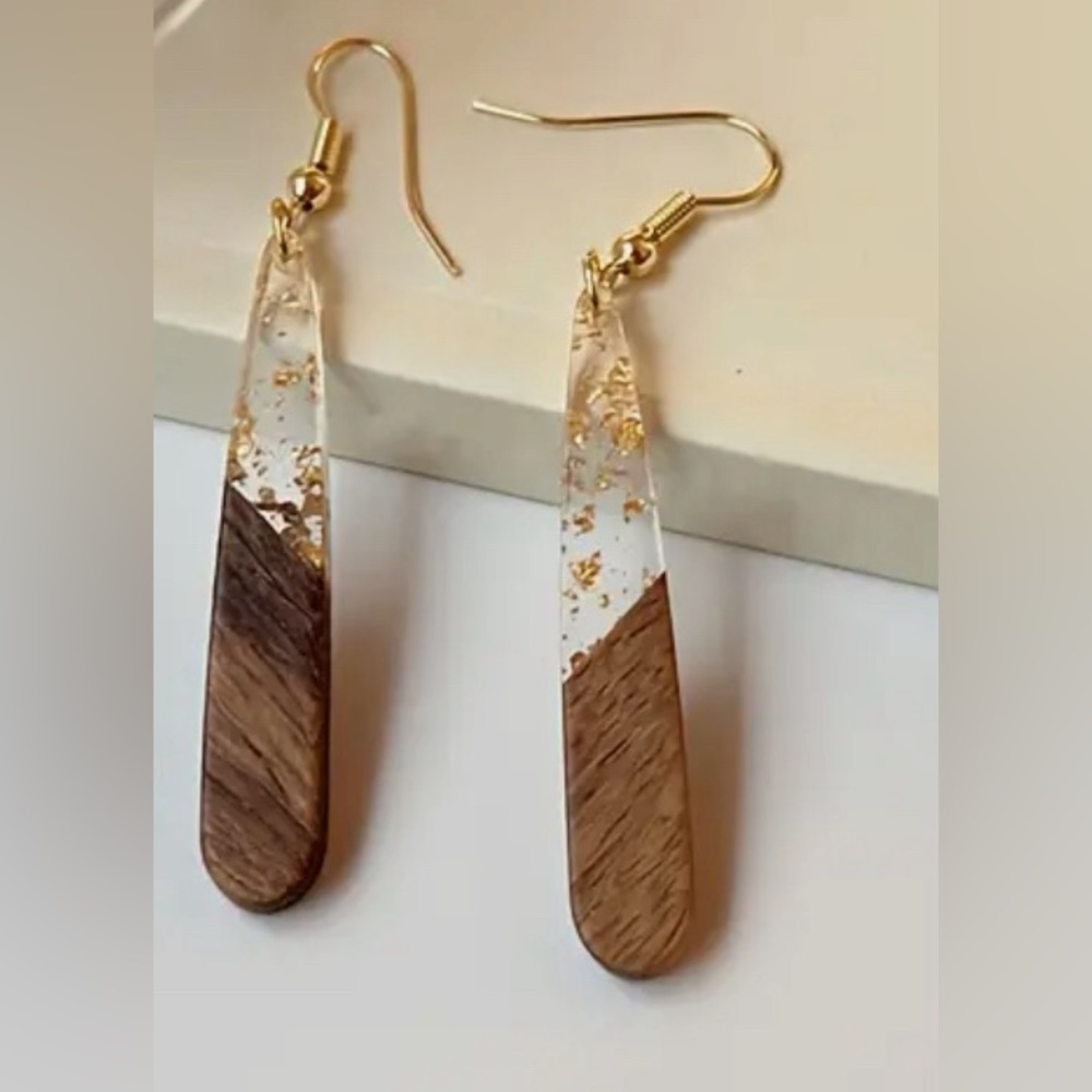 Natural Wood Patchwork Foil Water Drop Earrings